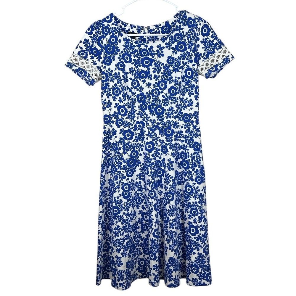 Talbots Womens Ivory Royal 100% Cotton Floral Knit Dress Eyelet Trim Sz XS